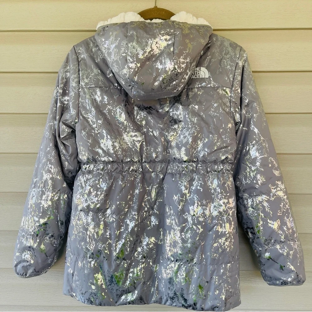 The North Face Girls Reversible Mossbud Swirl Metallic Gray Parka Jacket Size L